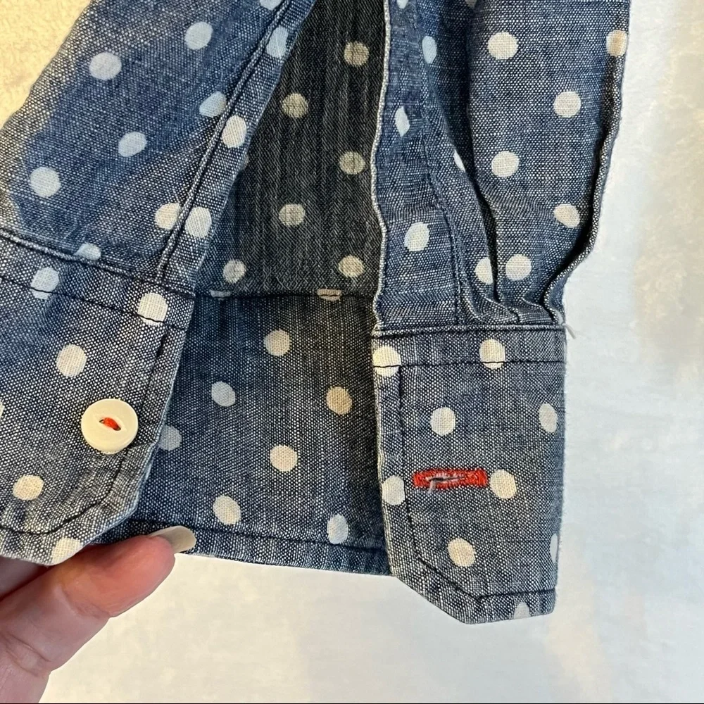 Talbots Chambray Blue White Polka Dot Button Down Shirt Sz 14 Long Sleeve Cotton